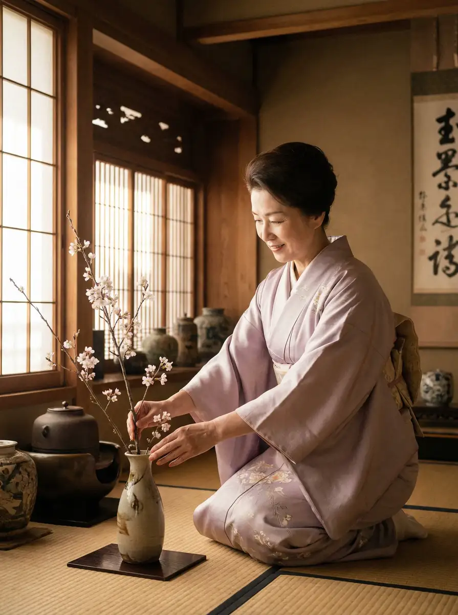 一位优雅的 香香腐宅屋入口 在和室中插花
