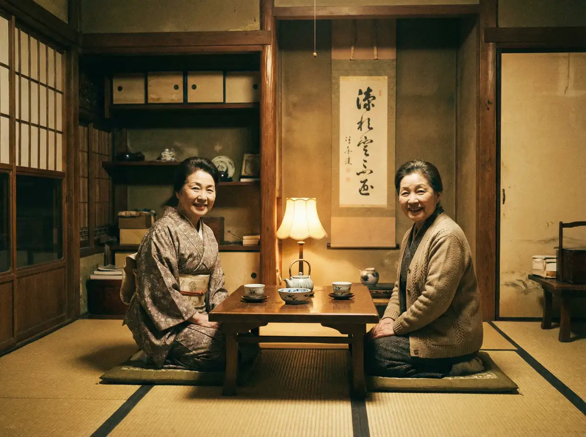 两位优雅的 香香腐宅屋入口 在日式茶室中品茶交谈